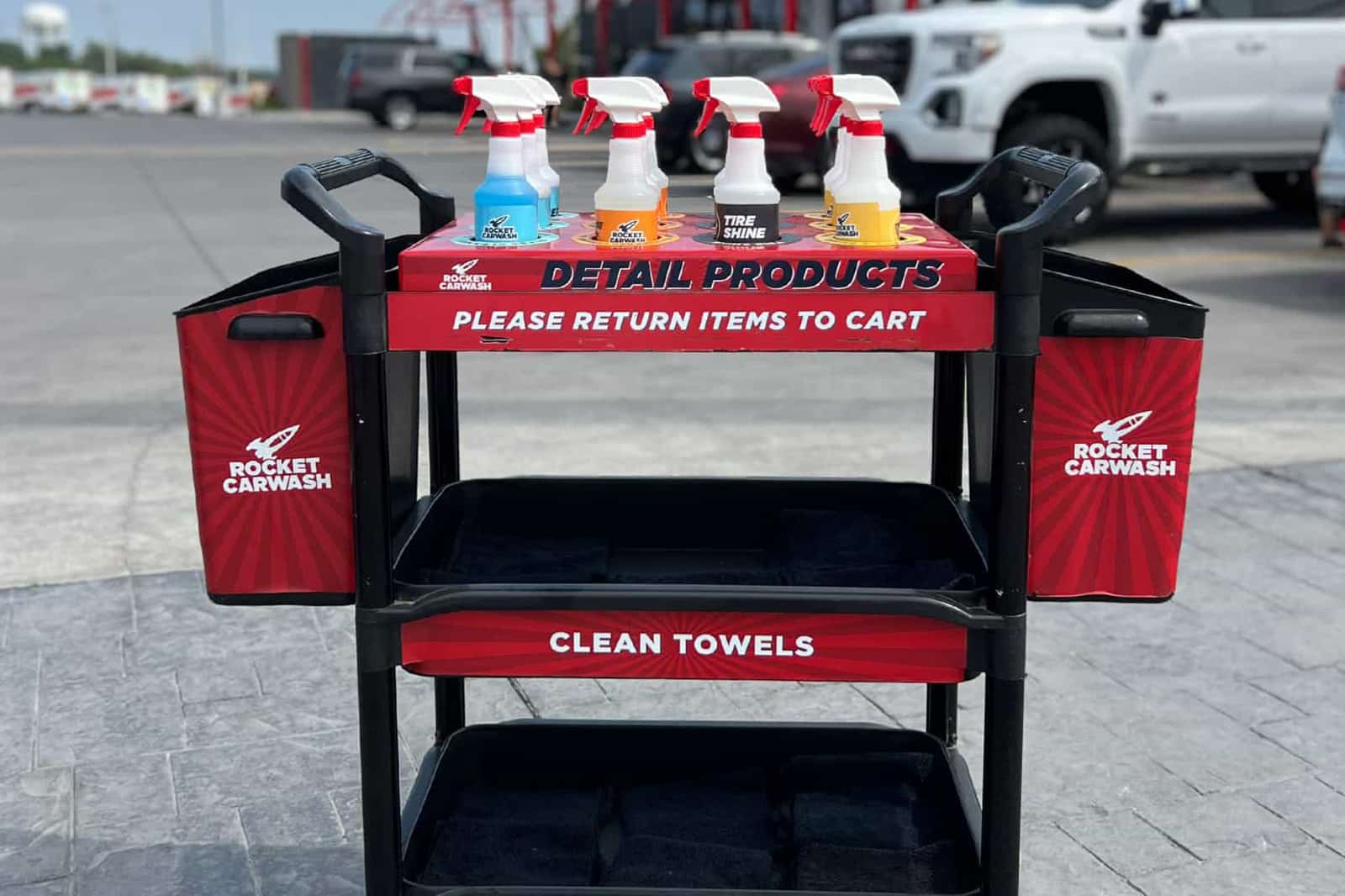 Complimentary detail carts stocked with glass cleaner, protect & shine, multi-purpose cleaner, & towels