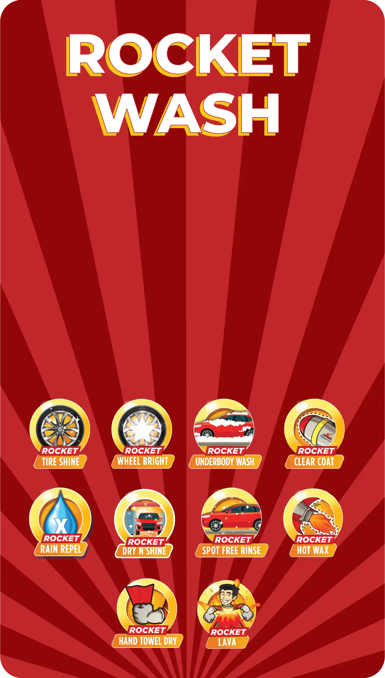 Rocket Wash Pricing Plan Graphic with feature icons at Andermatt